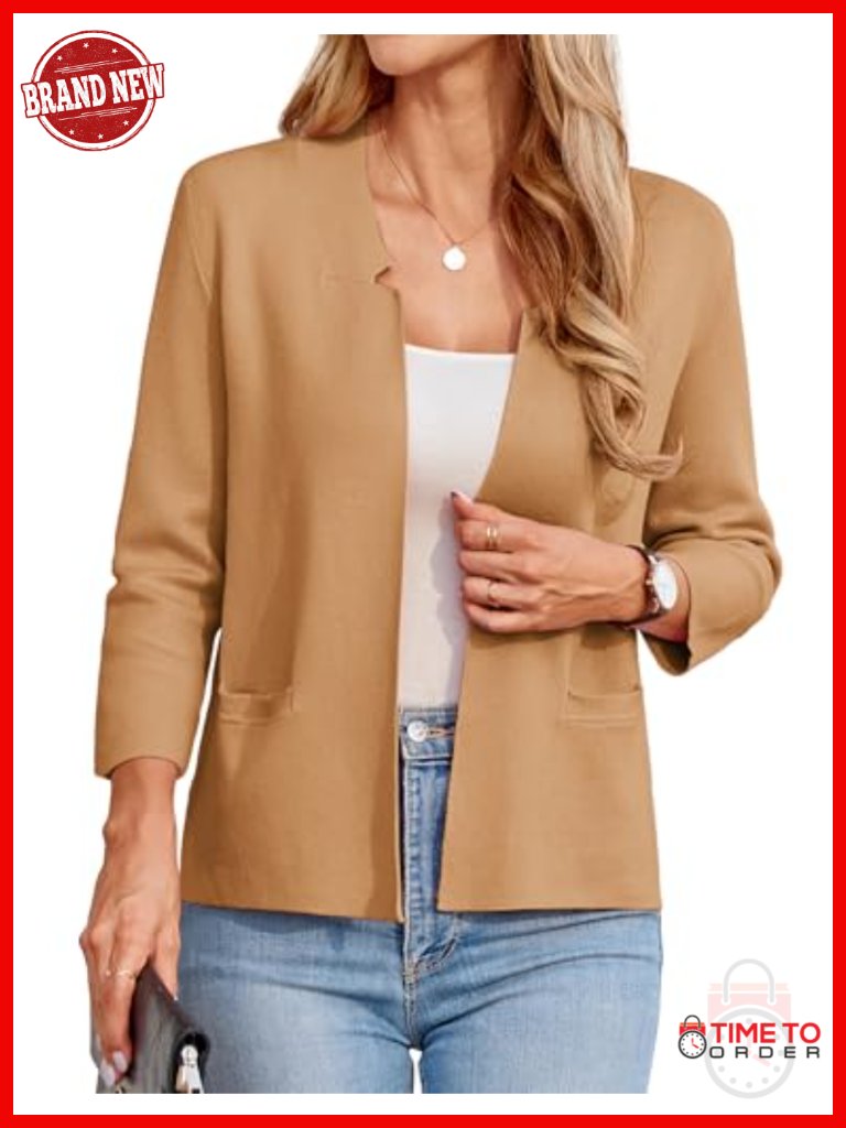 Cropped Knit Blazer 3/4 Sleeve Notch Collar Business Casual Cardigan Jacket